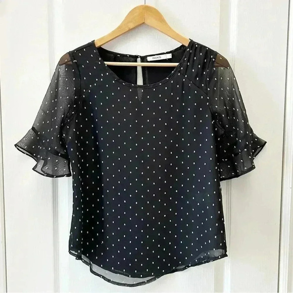 Ricki’s Blouse  Short Ruffle Sleeves Sheer Flowy Black White Polka Dots Small - Picture 2 of 14